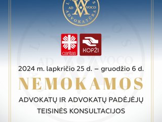 Dvi savaites Lietuvos advokatai dovanos nemokamas konsultacijas besikreipiantiems į Caritas ir KOPŽI